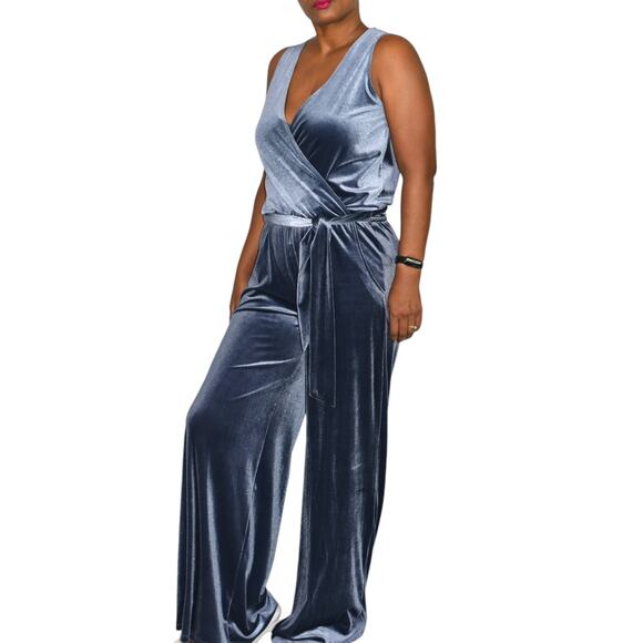 Samantha Dru Flare Jumpsuit Blue Wrap Belt Velour Velvet Wide Leg Pantsuit Small - Picture 13 of 15